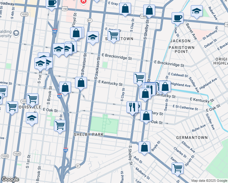 map of restaurants, bars, coffee shops, grocery stores, and more near 1012 Saint Paul Court in Louisville