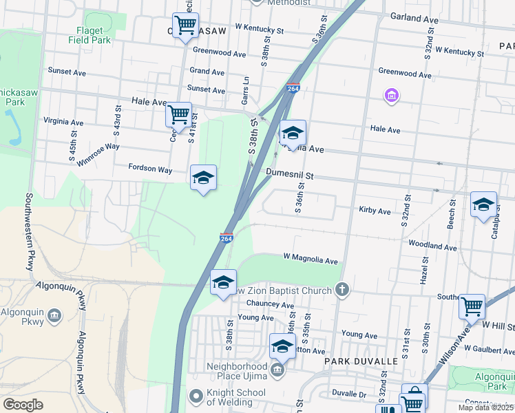 map of restaurants, bars, coffee shops, grocery stores, and more near 1300 Challis Circle in Louisville