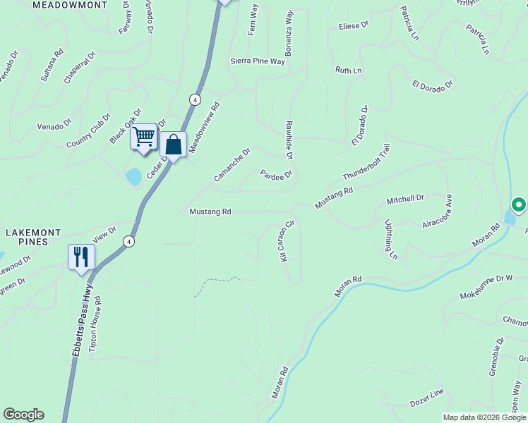 map of restaurants, bars, coffee shops, grocery stores, and more near 2253 Mustang Road in Arnold