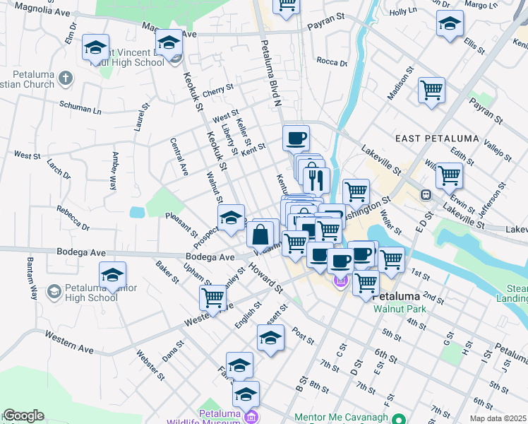 map of restaurants, bars, coffee shops, grocery stores, and more near 215 Prospect Street in Petaluma