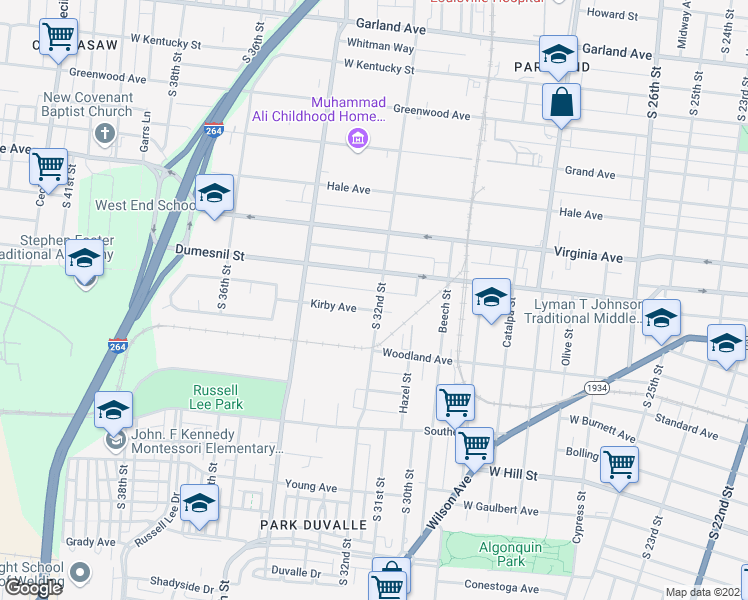map of restaurants, bars, coffee shops, grocery stores, and more near 1320 South 32nd Street in Louisville