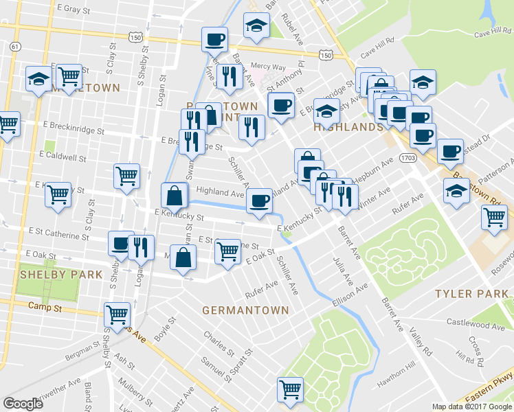 map of restaurants, bars, coffee shops, grocery stores, and more near 980 Schiller Avenue in Louisville