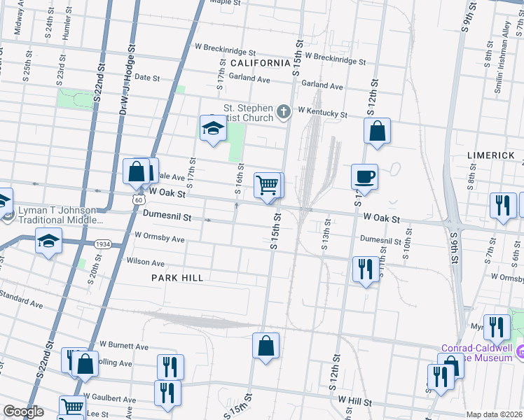 map of restaurants, bars, coffee shops, grocery stores, and more near 1502 West Oak Street in Louisville