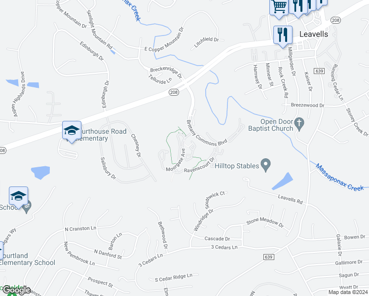 map of restaurants, bars, coffee shops, grocery stores, and more near 1 Brittany Commons Boulevard in Spotsylvania Courthouse