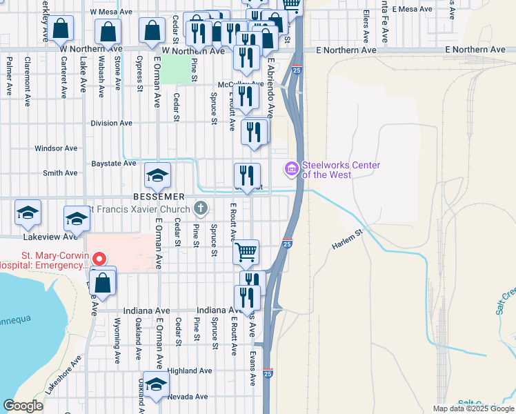 map of restaurants, bars, coffee shops, grocery stores, and more near 1710 East Evans Avenue in Pueblo