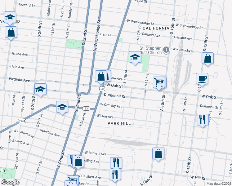map of restaurants, bars, coffee shops, grocery stores, and more near 1745 Dumesnil Street in Louisville