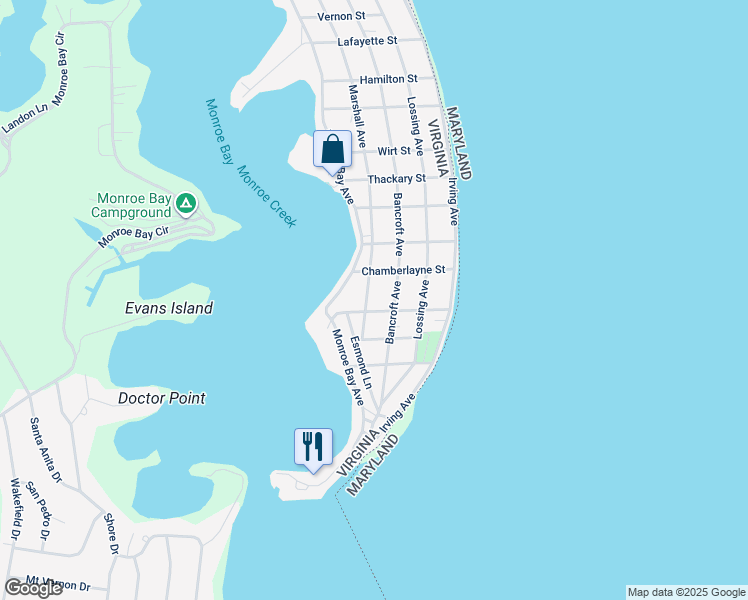 map of restaurants, bars, coffee shops, grocery stores, and more near 1224 Marshall Avenue in Colonial Beach