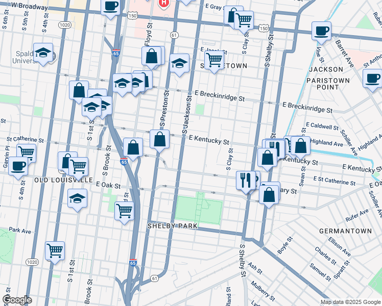 map of restaurants, bars, coffee shops, grocery stores, and more near 1022 South Hancock Street in Louisville