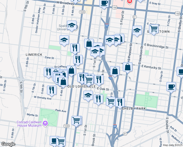 map of restaurants, bars, coffee shops, grocery stores, and more near 1107 South 1st Street in Louisville