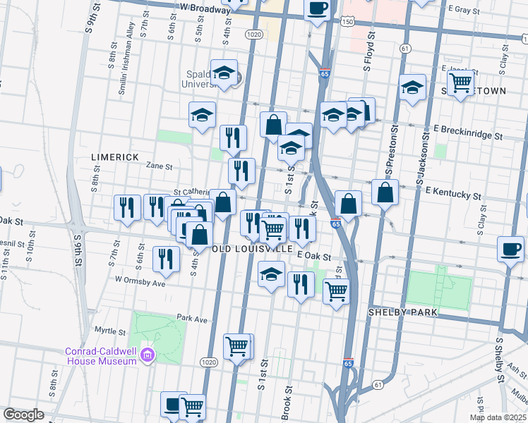 map of restaurants, bars, coffee shops, grocery stores, and more near 1111 South 2nd Street in Louisville