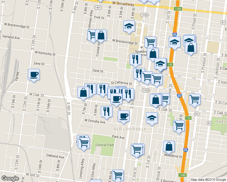map of restaurants, bars, coffee shops, grocery stores, and more near 1119 Garvin Place in Louisville
