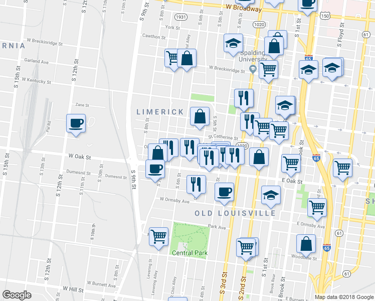 map of restaurants, bars, coffee shops, grocery stores, and more near 1122 Garvin Place in Louisville
