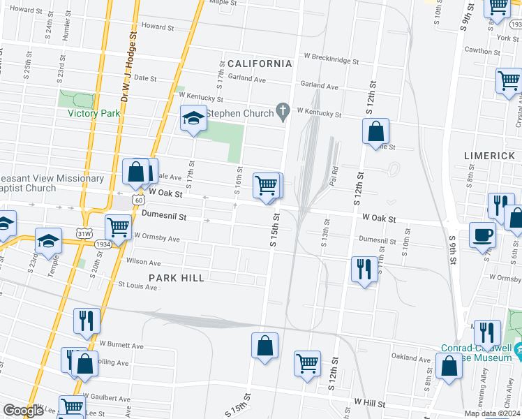 map of restaurants, bars, coffee shops, grocery stores, and more near 1502 West Oak Street in Louisville