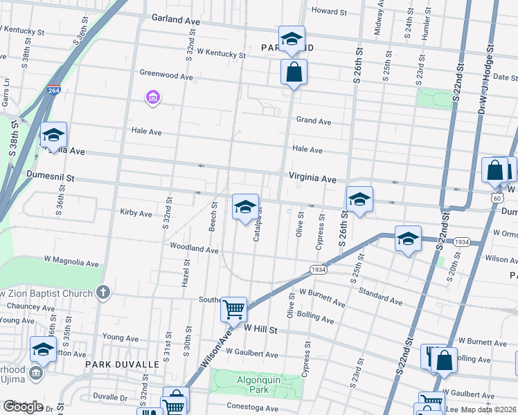 map of restaurants, bars, coffee shops, grocery stores, and more near 1309 Catalpa Street in Louisville