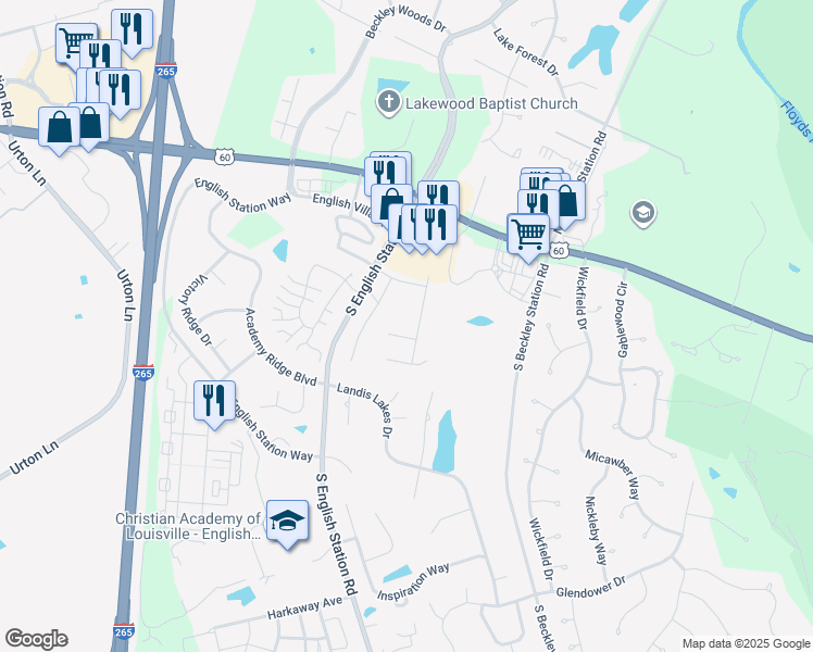 map of restaurants, bars, coffee shops, grocery stores, and more near 14600 Landon Court in Louisville