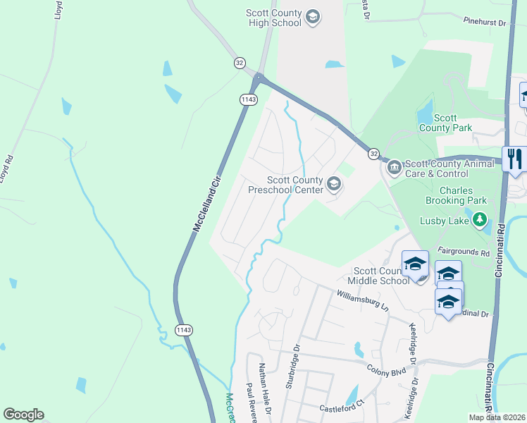 map of restaurants, bars, coffee shops, grocery stores, and more near 119 South Bold Forbes Boulevard in Georgetown