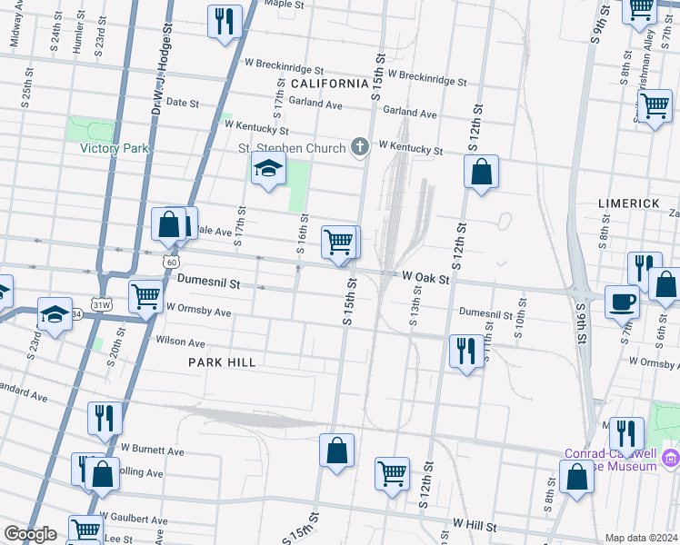 map of restaurants, bars, coffee shops, grocery stores, and more near 1502 West Oak Street in Louisville