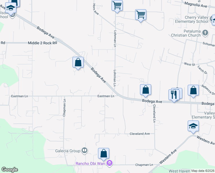 map of restaurants, bars, coffee shops, grocery stores, and more near 2177 Bodega Avenue in Petaluma