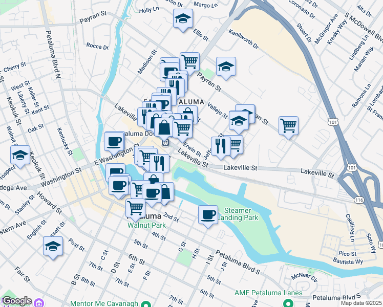 map of restaurants, bars, coffee shops, grocery stores, and more near 327 Lakeville St in Petaluma