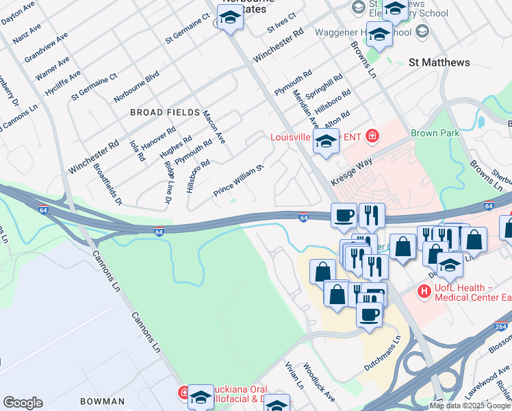 map of restaurants, bars, coffee shops, grocery stores, and more near 1015 Williamsburg Court in Louisville