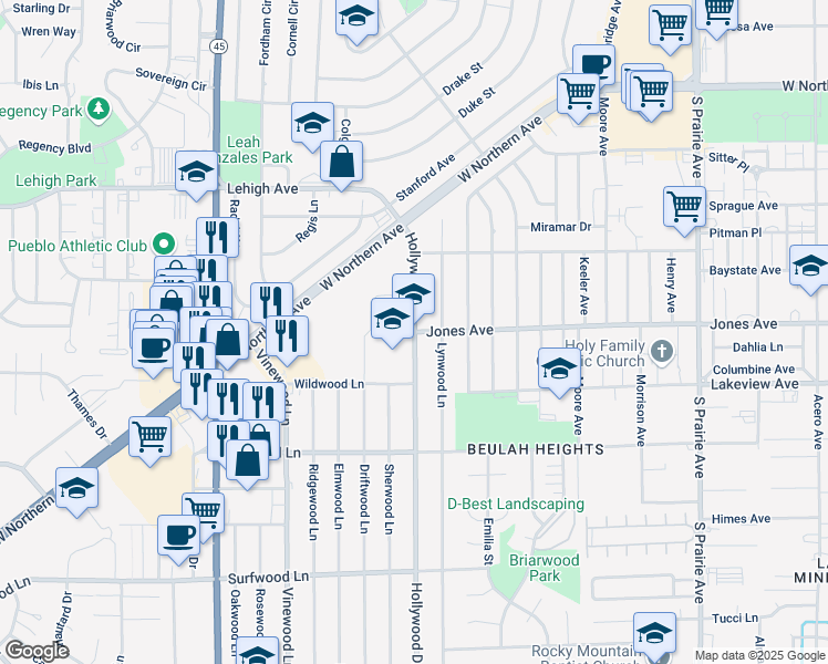 map of restaurants, bars, coffee shops, grocery stores, and more near 1801 Hollywood Drive in Pueblo