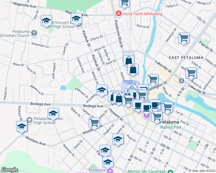 map of restaurants, bars, coffee shops, grocery stores, and more near 304 Keokuk Street in Petaluma