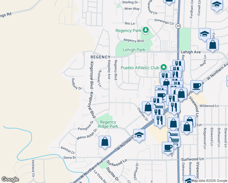 map of restaurants, bars, coffee shops, grocery stores, and more near 159 Tiffany Ct in Pueblo