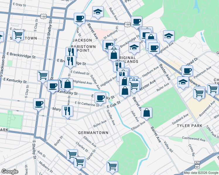 map of restaurants, bars, coffee shops, grocery stores, and more near 972 Vine Street in Louisville