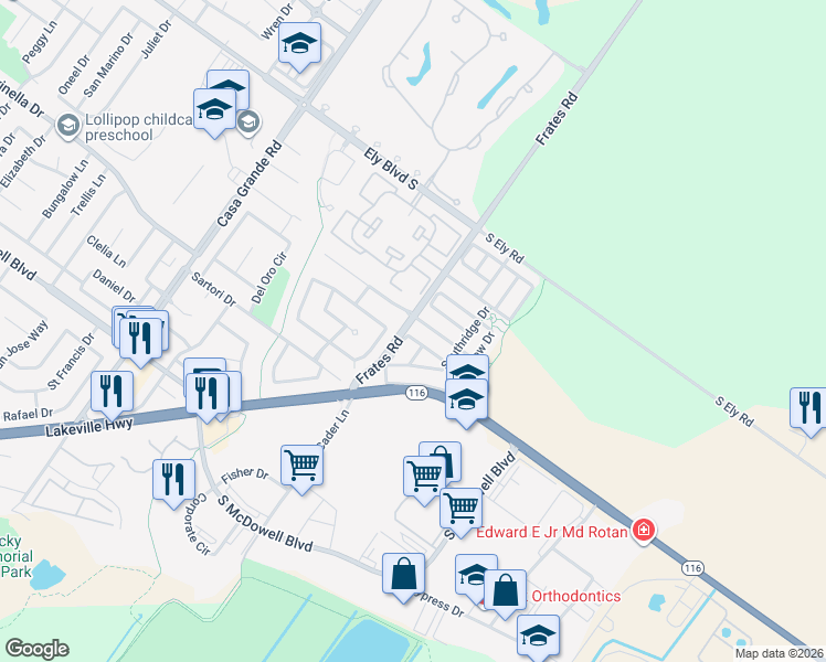 map of restaurants, bars, coffee shops, grocery stores, and more near 1701 Devin Drive in Petaluma