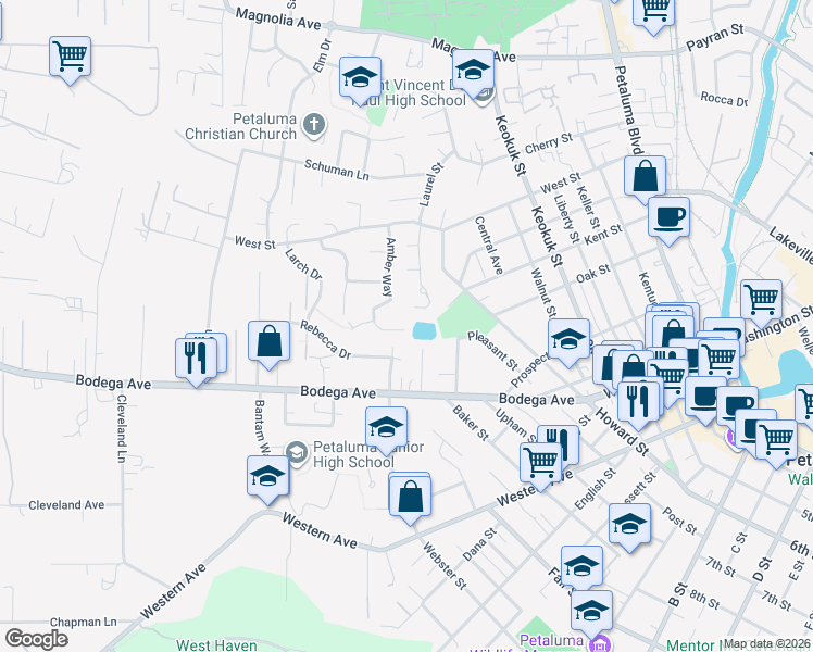 map of restaurants, bars, coffee shops, grocery stores, and more near 440 Amber Way in Petaluma
