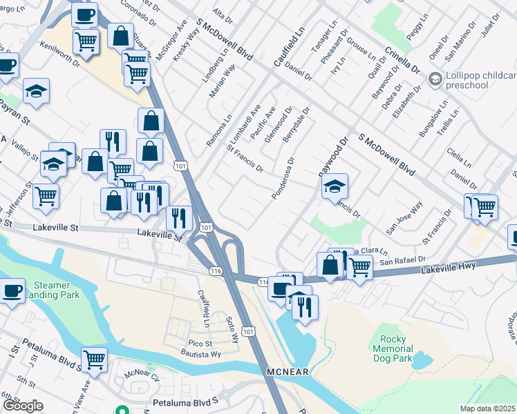map of restaurants, bars, coffee shops, grocery stores, and more near 910 Sprucewood Court in Petaluma