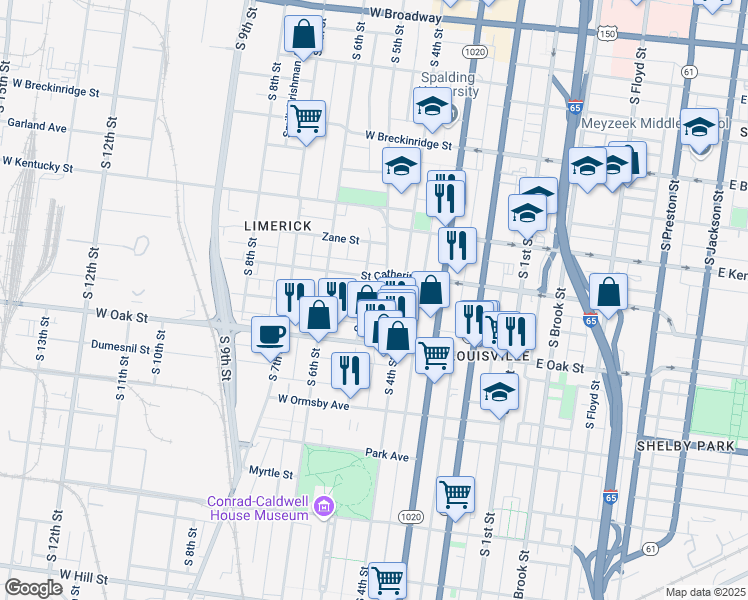 map of restaurants, bars, coffee shops, grocery stores, and more near 1119 Garvin Place in Louisville