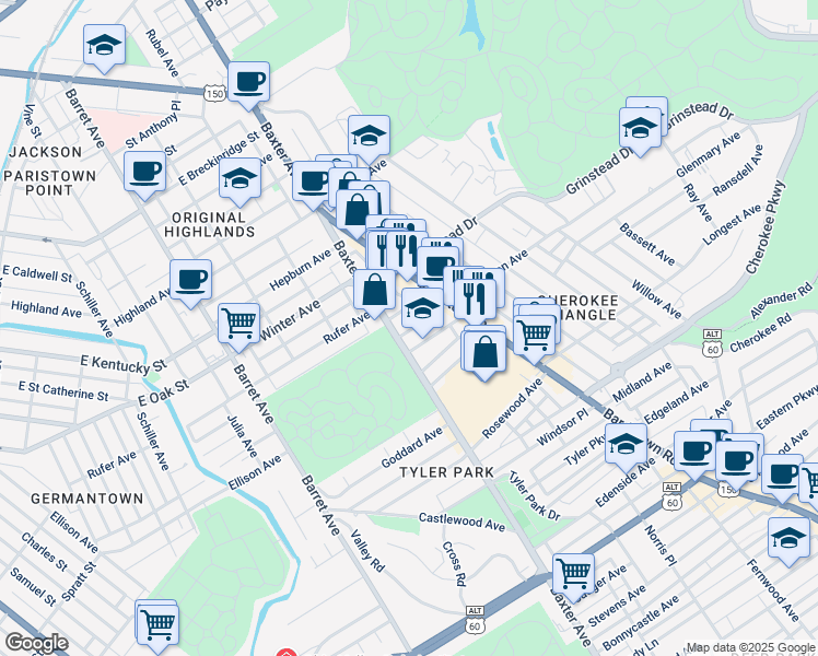 map of restaurants, bars, coffee shops, grocery stores, and more near 1610 Patterson Avenue in Louisville