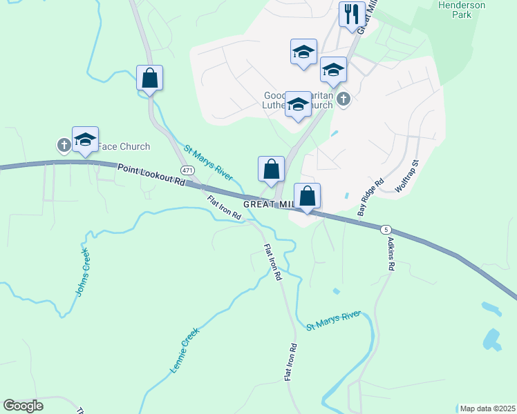 map of restaurants, bars, coffee shops, grocery stores, and more near 20171 Point Lookout Road in Park Hall