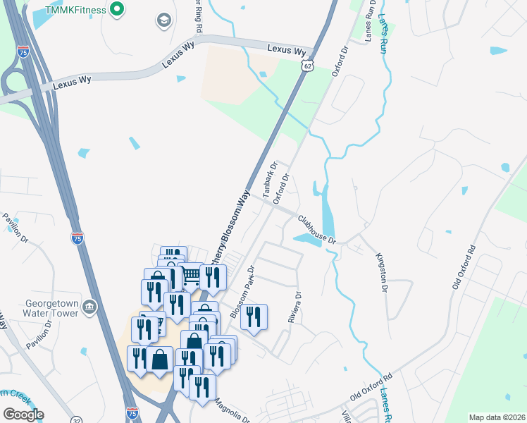 map of restaurants, bars, coffee shops, grocery stores, and more near 207 Tanbark Drive in Georgetown