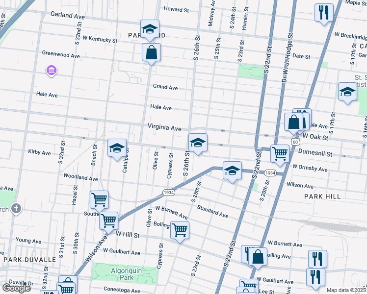 map of restaurants, bars, coffee shops, grocery stores, and more near 1232 South 26th Street in Louisville