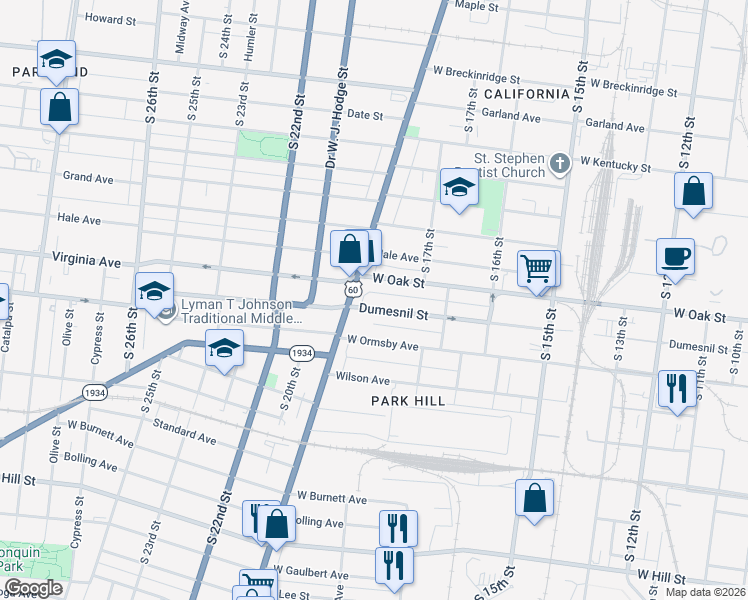 map of restaurants, bars, coffee shops, grocery stores, and more near 1777 Dumesnil Street in Louisville