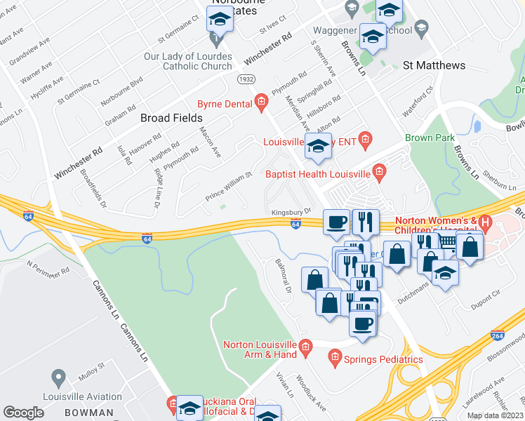 map of restaurants, bars, coffee shops, grocery stores, and more near 1015 Williamsburg Court in Louisville