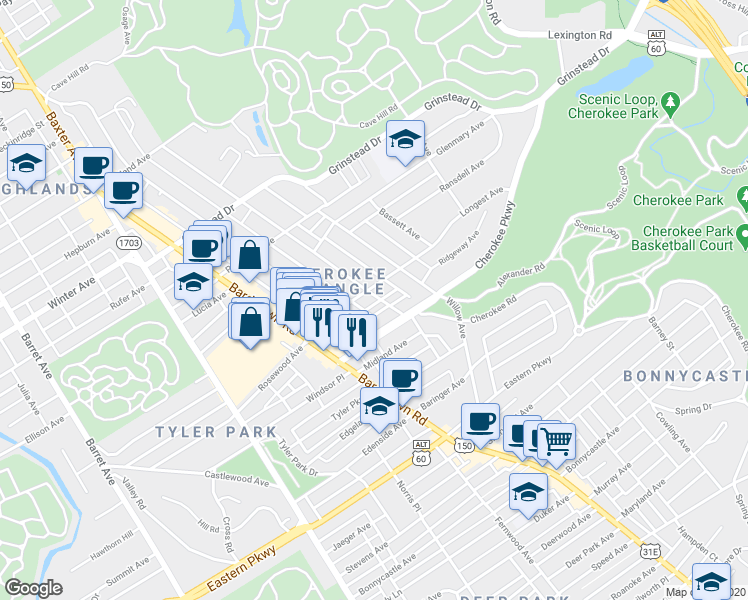 map of restaurants, bars, coffee shops, grocery stores, and more near 2118 Longest Avenue in Louisville