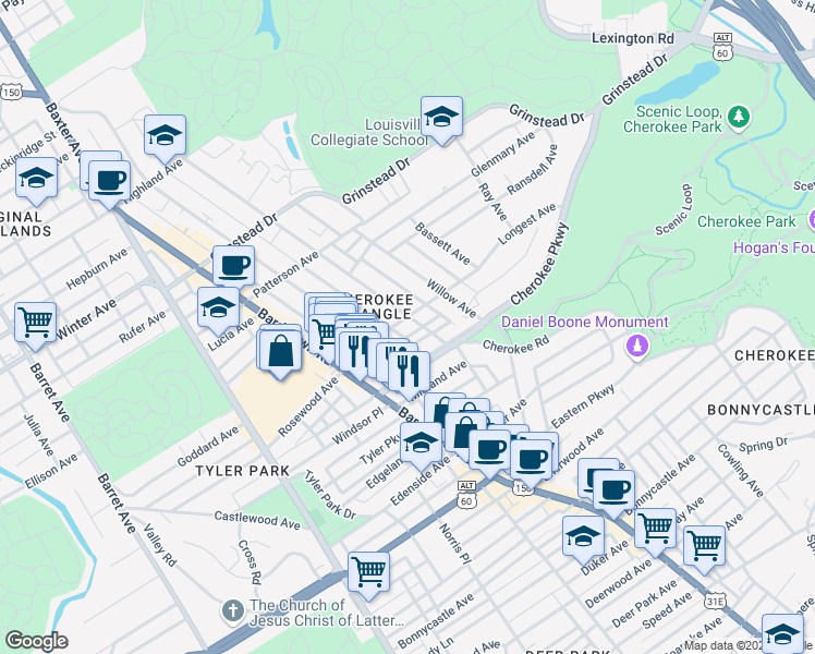 map of restaurants, bars, coffee shops, grocery stores, and more near 2118 Longest Avenue in Louisville