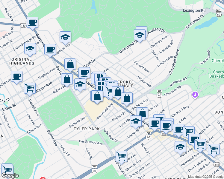 map of restaurants, bars, coffee shops, grocery stores, and more near 1275 Bardstown Road in Louisville