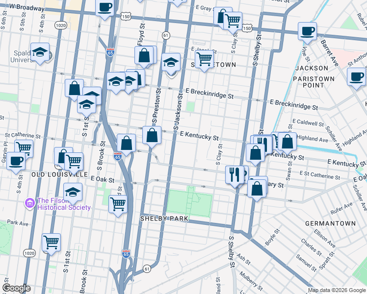 map of restaurants, bars, coffee shops, grocery stores, and more near 1029 South Jackson Street in Louisville