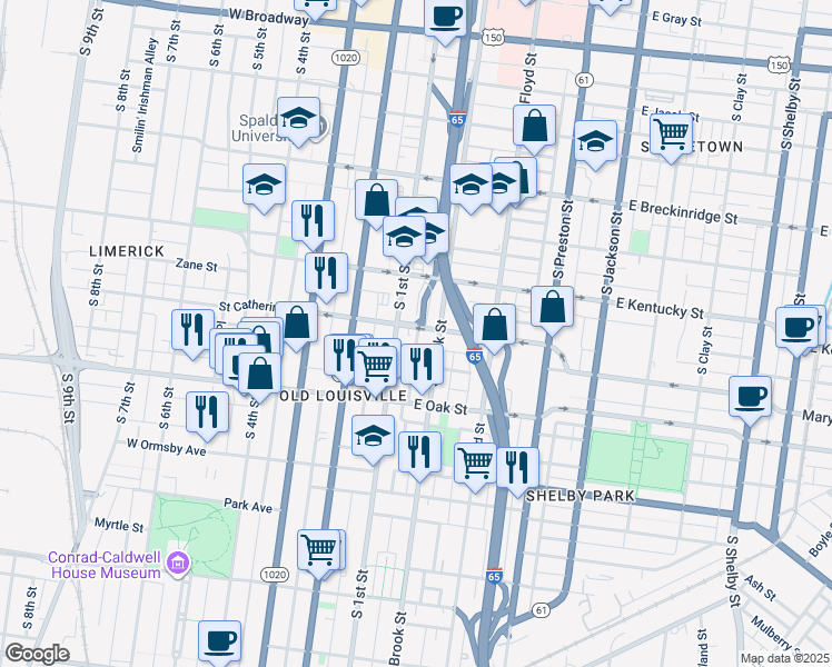 map of restaurants, bars, coffee shops, grocery stores, and more near 1102 South Brook Street in Louisville