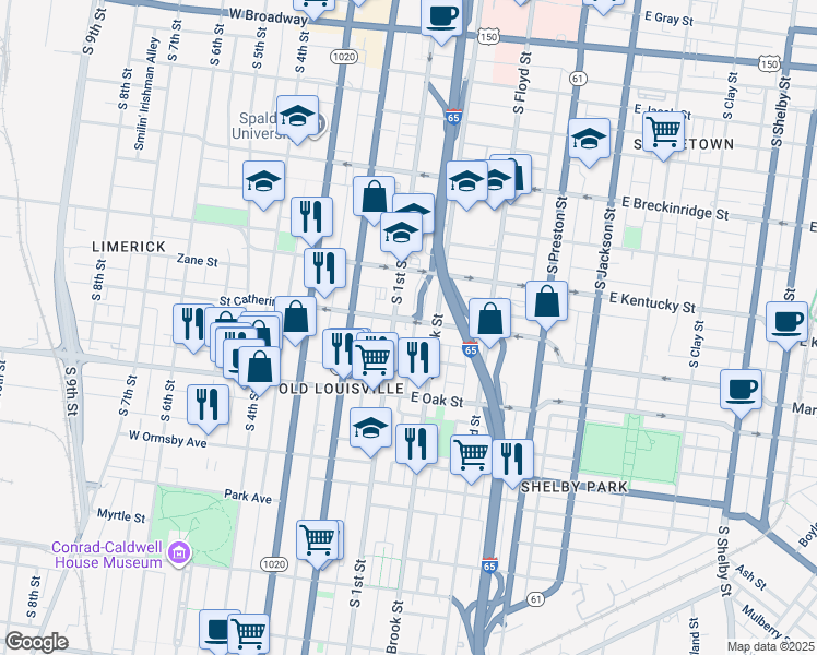 map of restaurants, bars, coffee shops, grocery stores, and more near 1107 South 1st Street in Louisville