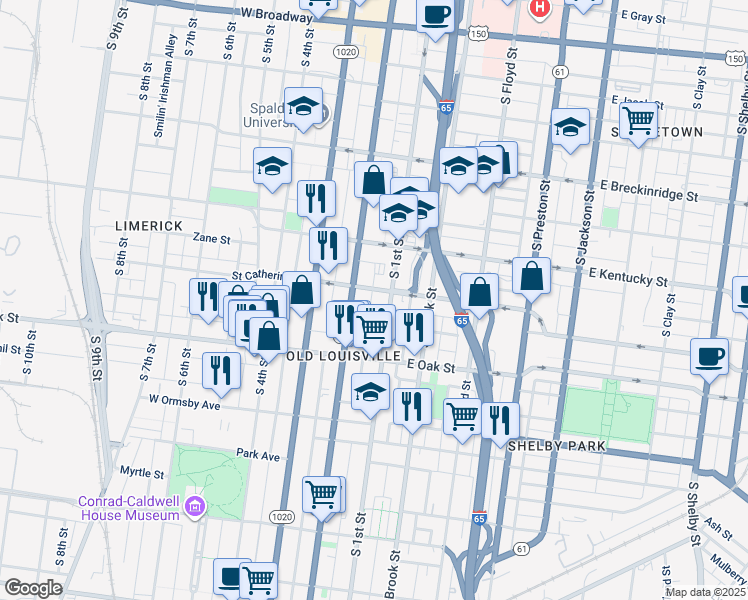 map of restaurants, bars, coffee shops, grocery stores, and more near 1107 South 1st Street in Louisville