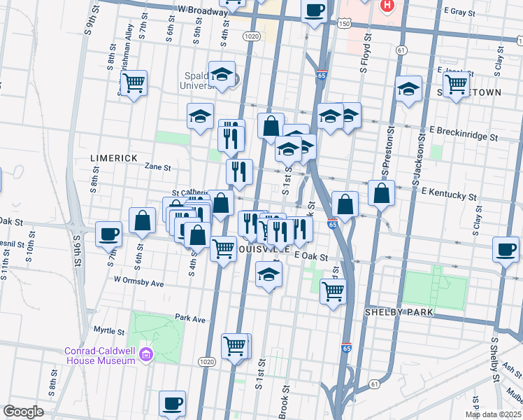 map of restaurants, bars, coffee shops, grocery stores, and more near 1111 South 2nd Street in Louisville