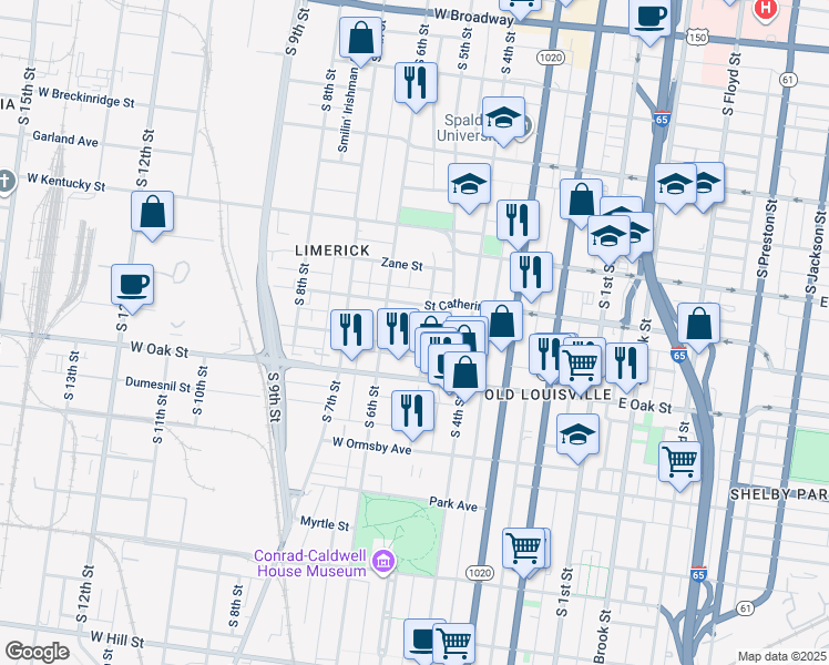 map of restaurants, bars, coffee shops, grocery stores, and more near 1122 Garvin Place in Louisville
