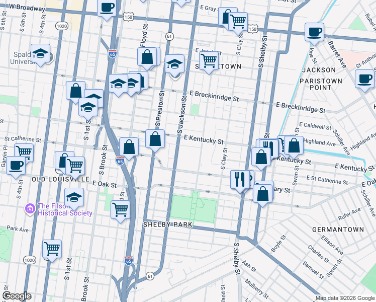 map of restaurants, bars, coffee shops, grocery stores, and more near 1029 South Jackson Street in Louisville