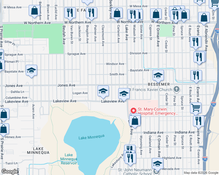 map of restaurants, bars, coffee shops, grocery stores, and more near 1905 Berkley Ave in Pueblo