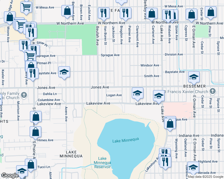 map of restaurants, bars, coffee shops, grocery stores, and more near 1808 Jones Ave in Pueblo